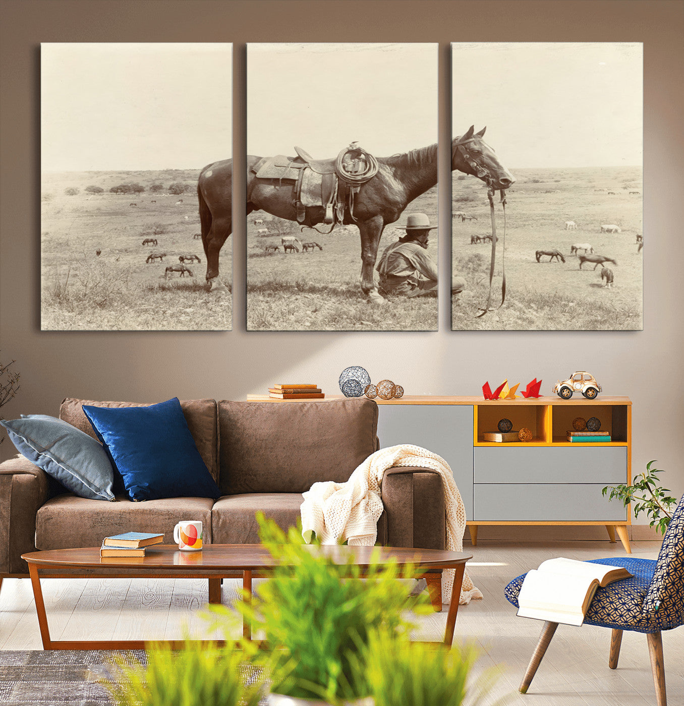 MGV-CV-60X30-3P - Cowboy Wall Art - Western Horse Canvas Print - Vintage Western Wall Art Canvas Print, Ready to Hang