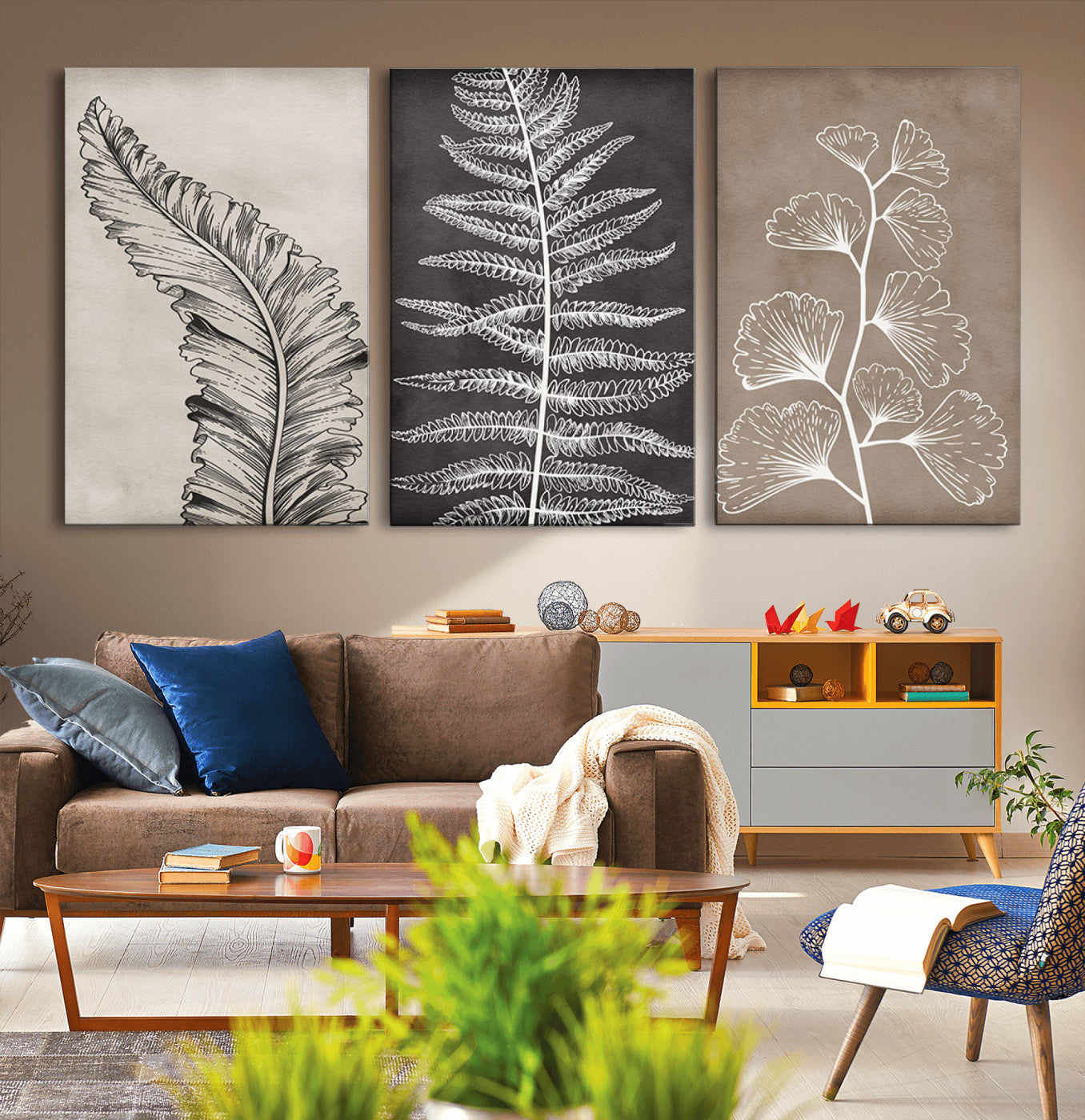 MGV-CV-60X30-3P - Minimalist Botanical Wall Art Canvas Print, Framed and Ready to Hang - Nature Art Print for Home