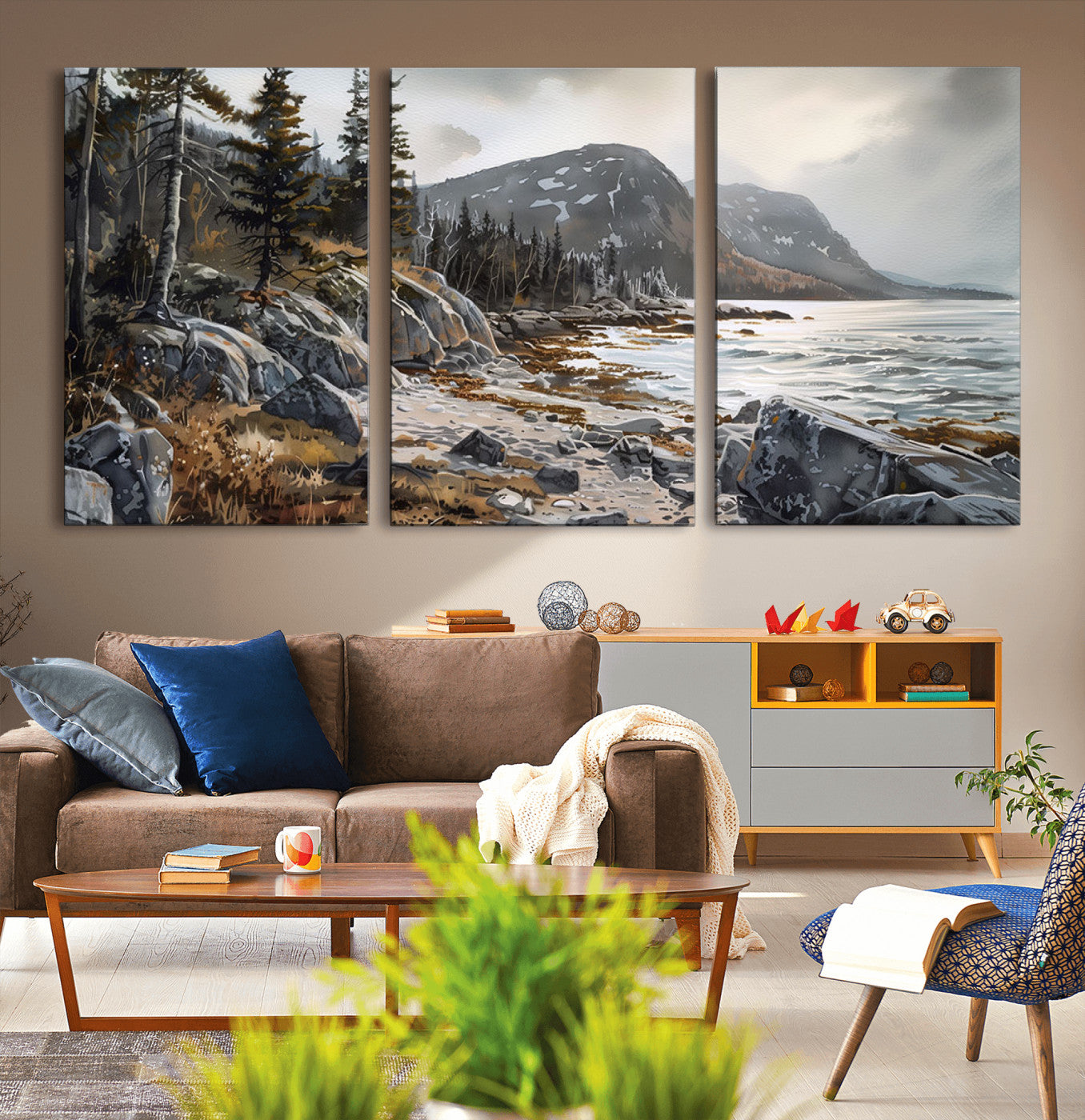 -Serene Coastal View of Acadia National Park - Stunning 3-Panel Wall Art Canvas Print, Framed, Ready