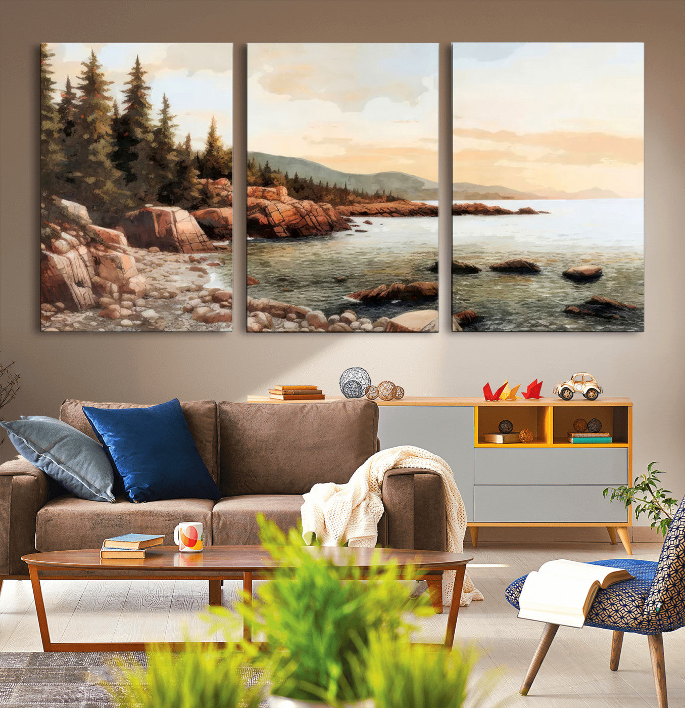 -Serene Coastal View of Acadia National Park Wall Art - Stunning 3-Panel Wall Art Canvas Print,