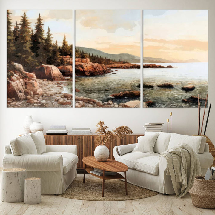 The Serene Coastal View of Acadia National Park 3-panel canvas, framed and ready to hang, adorns the wall.