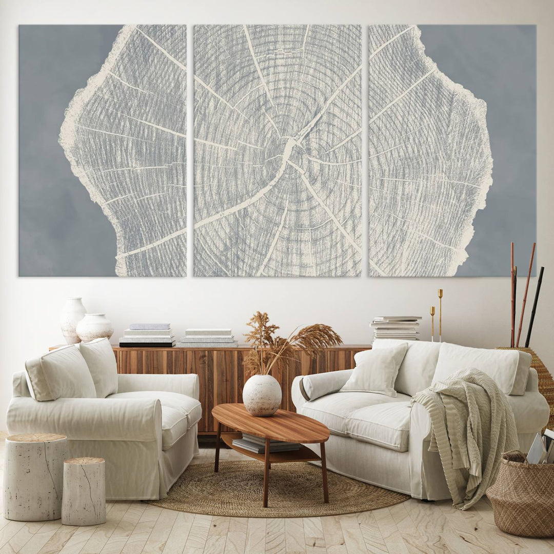 A gray wall displays the Abstract Tree Ring Wall Art print.