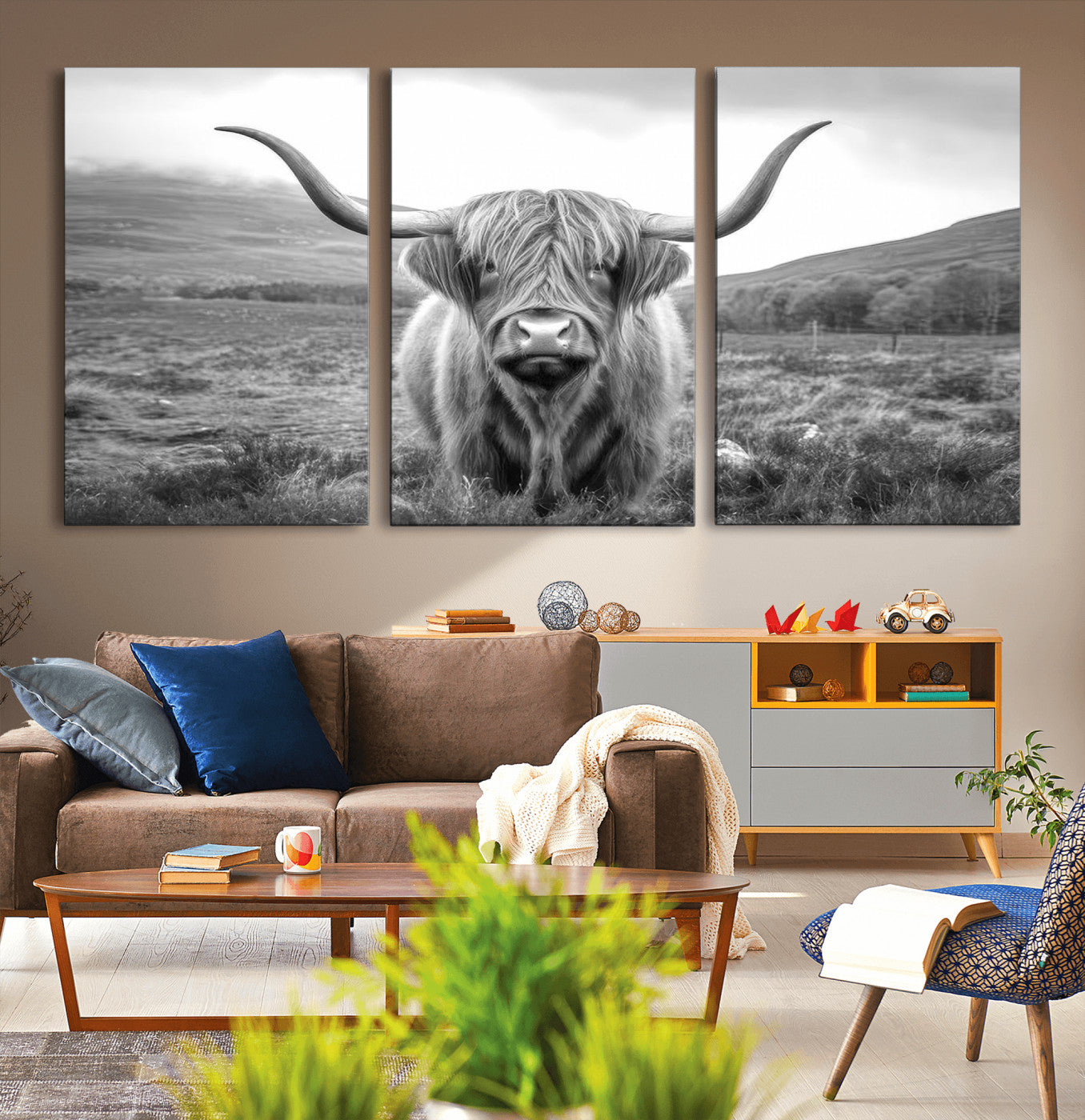MGV-CV-60X30-3P - Black White Scottish Highland Cow Canvas Farm Wall Art Canvas Print