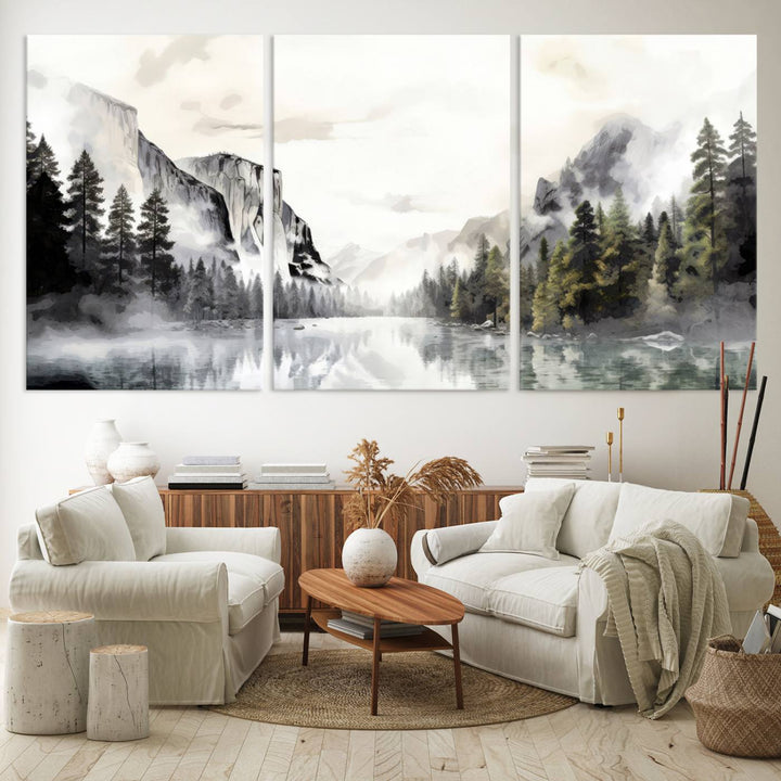 The Yosemite Valley Wall Art Canvas Print, a framed nature décor, is beautifully displayed.