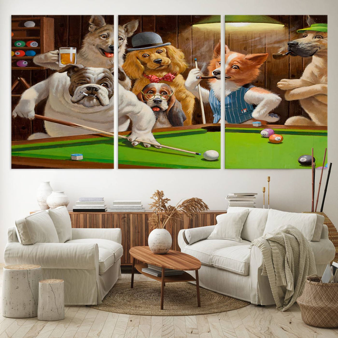 Dogs Playing Pool Canvas Wall Art: This artwork depicts a room where dogs are engaged in a game of pool. One dog is poised to cue while others observe the scene.