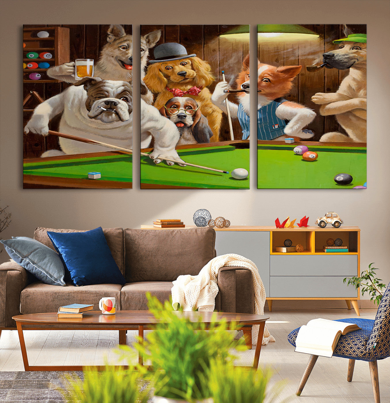 MGV-CV-60X30-3P - Dogs Playing Pool Canvas Wall Art Funny Gifts Dog Print