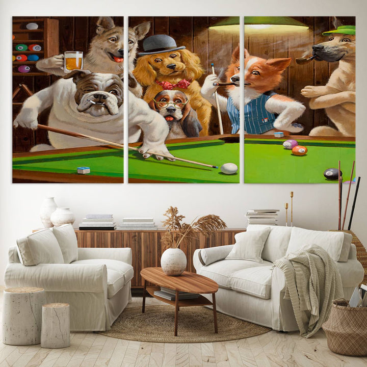 Dogs Playing Pool Canvas Wall Art: This artwork depicts a room where dogs are engaged in a game of pool. One dog is poised to cue while others observe the scene.