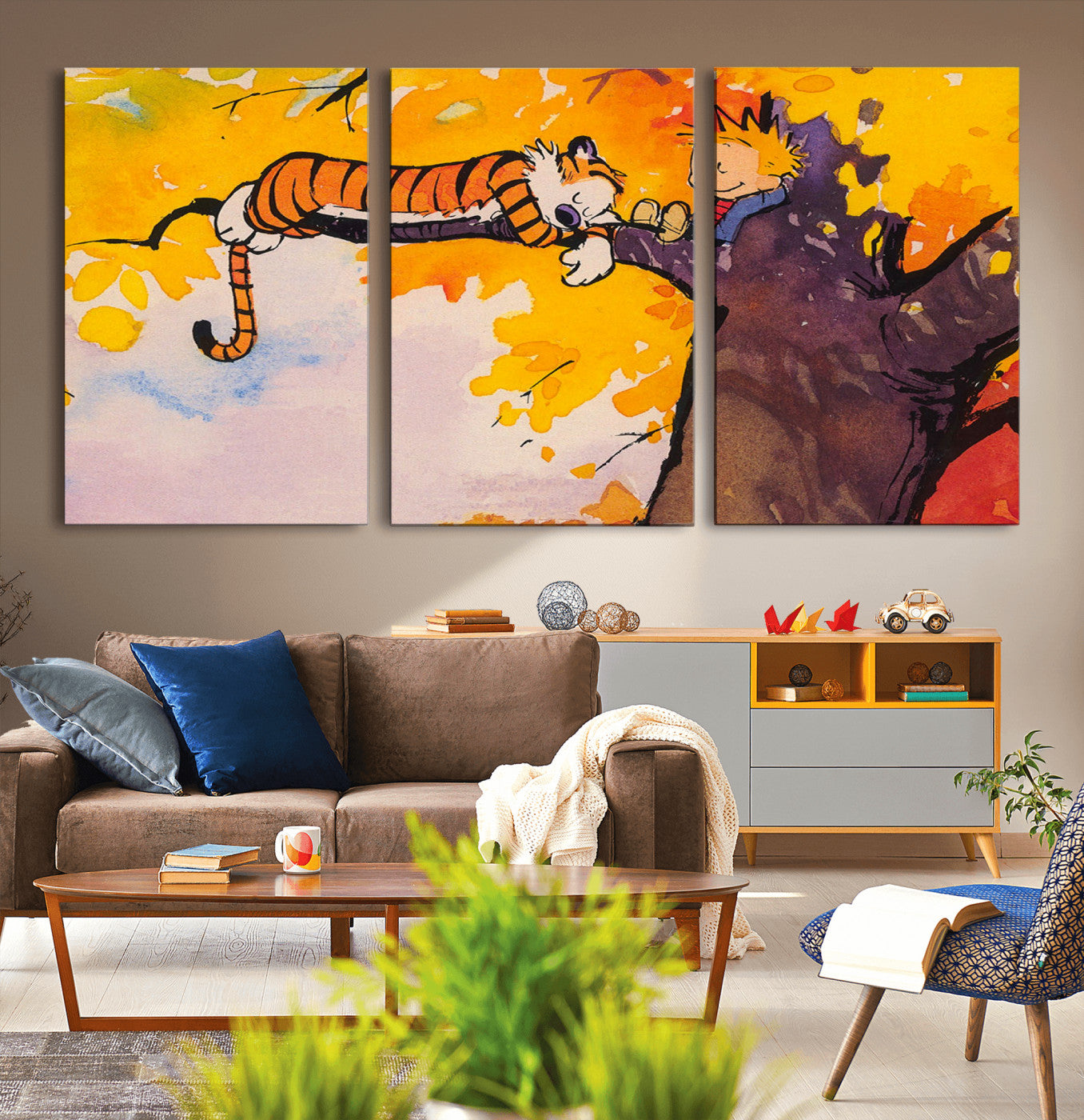 MGV-CV-60X30-3P - Calvin and Hobbes Tree Scene Canvas Print | 3 Panel Large Wall Art for Living Room or Kid’s Room,