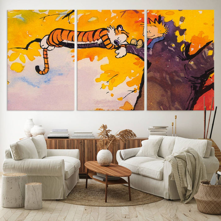 Premium canvas Calvin Wall Arts featuring a boy and tiger relaxing on a branch.