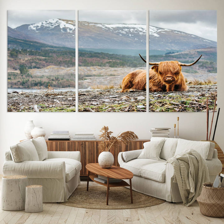 Highland Cow Horn Farm Wall Art Canvas Print is displayed against a wooden wall featuring a mountainous backdrop.