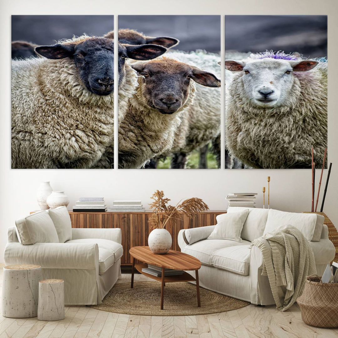 The Charming Sheep Portrait Wall Art hangs on a wooden wall.