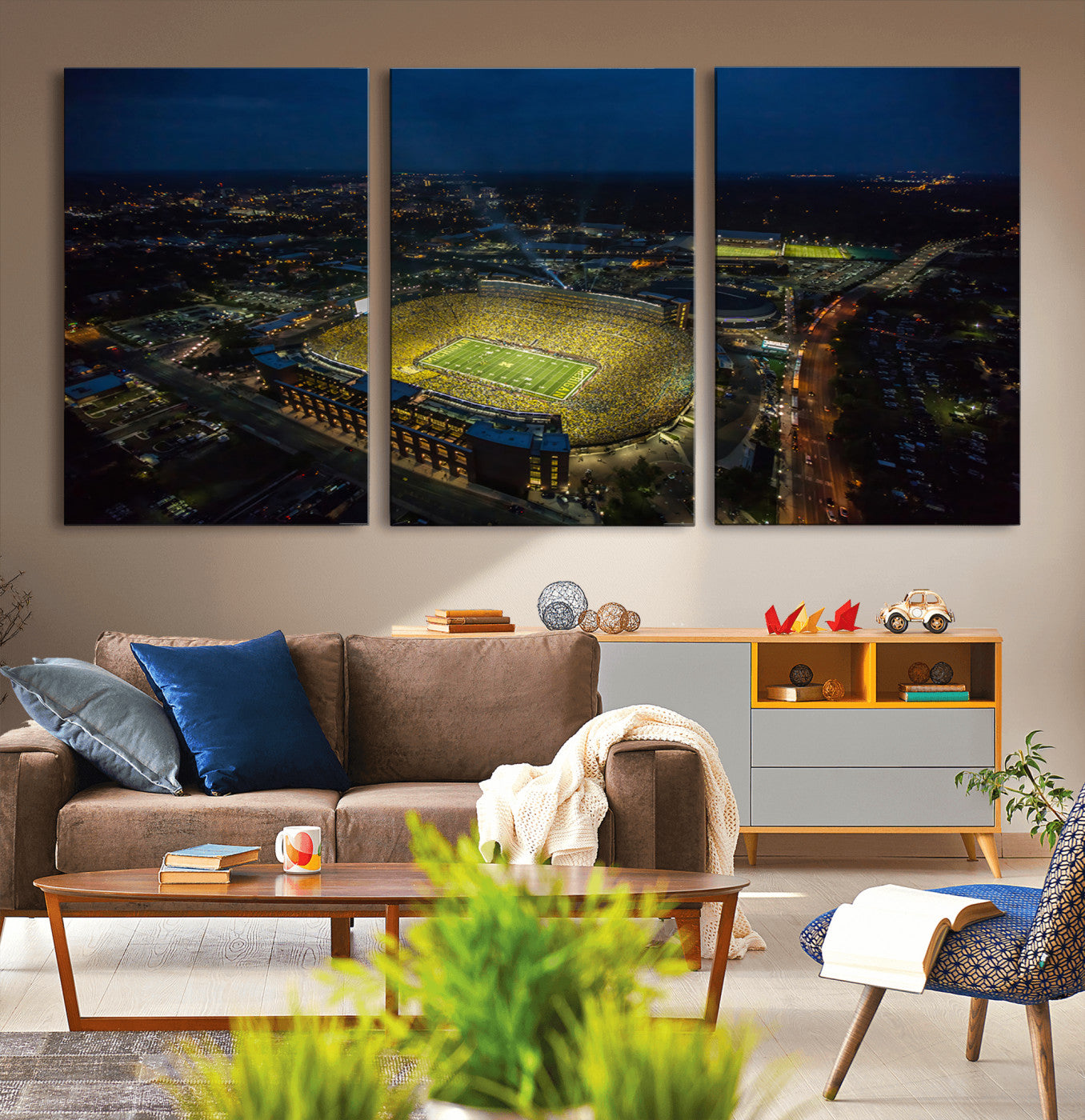 33588-MGV-CV-36X24-Michigan Stadium Night Game Wall Art – Sports Arena Aerial View Canvas Print, Framed, Ready to Hang