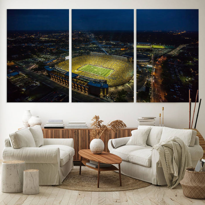 Aerial view of Michigan Stadium nightlife on canvas – Framed, ready-to-hang sports arena wall art.