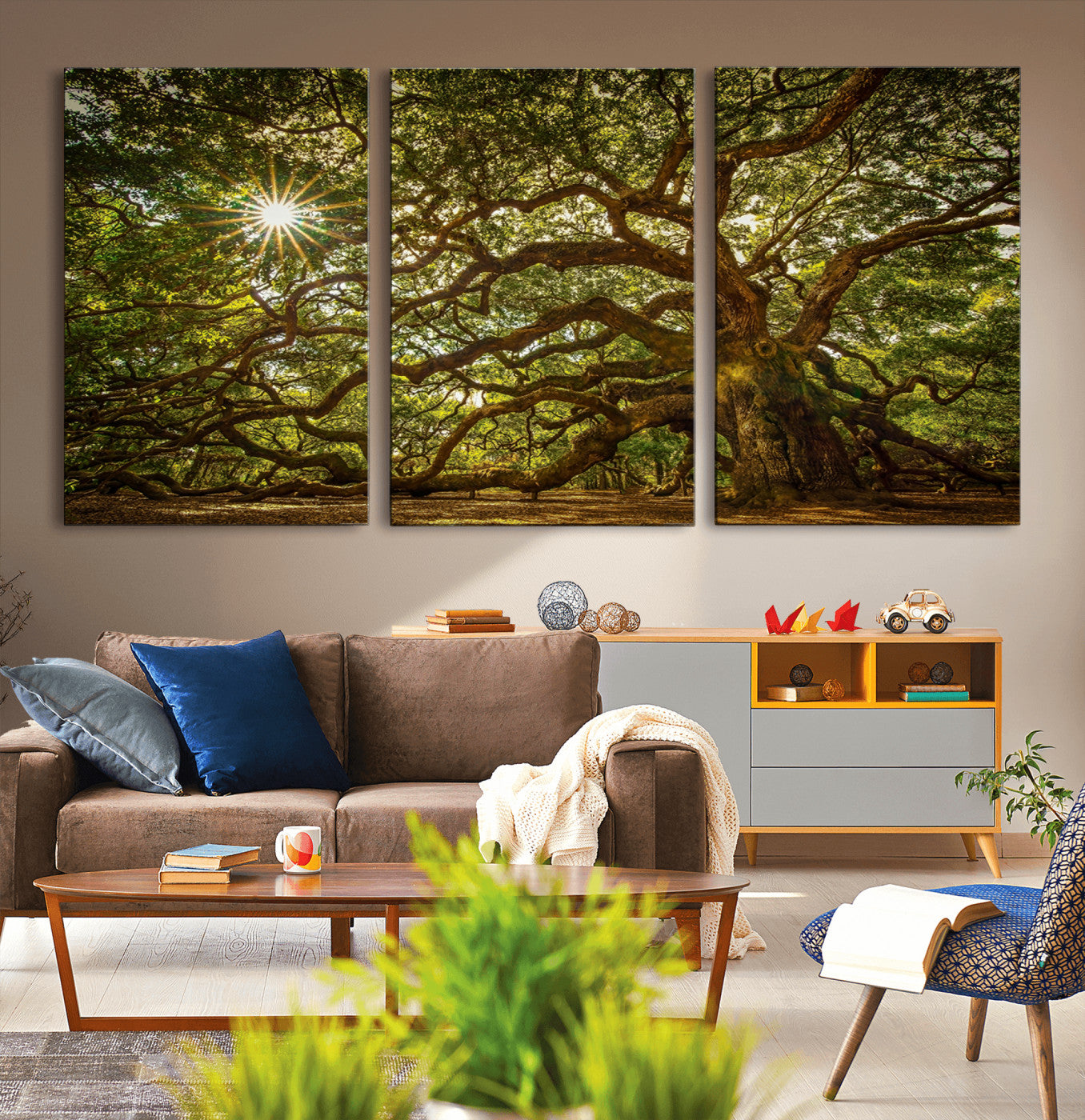 MGV-CV-60X30-3P - Ancient Angel Oak Tree Art Sunburst Canvas Print- Nature-Inspired Triptych Canvas Print, Framed,