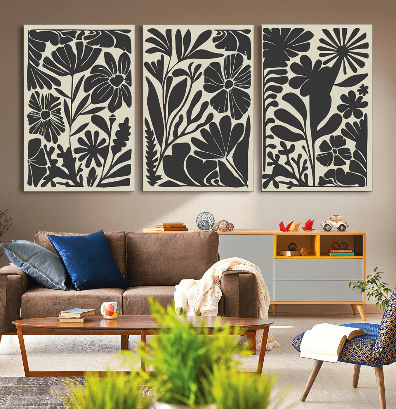 MGV-CV-60X30-3P - Modern Botanical Wall Art - Floral Black and White Canvas Print, Framed, Ready to Hang