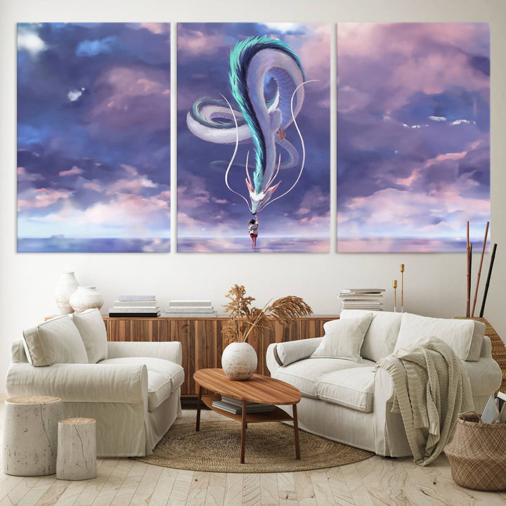 The Spirited Away Haku and Chihiro poster captures a cherished scene for anime lovers under a colorful, cloudy sky.