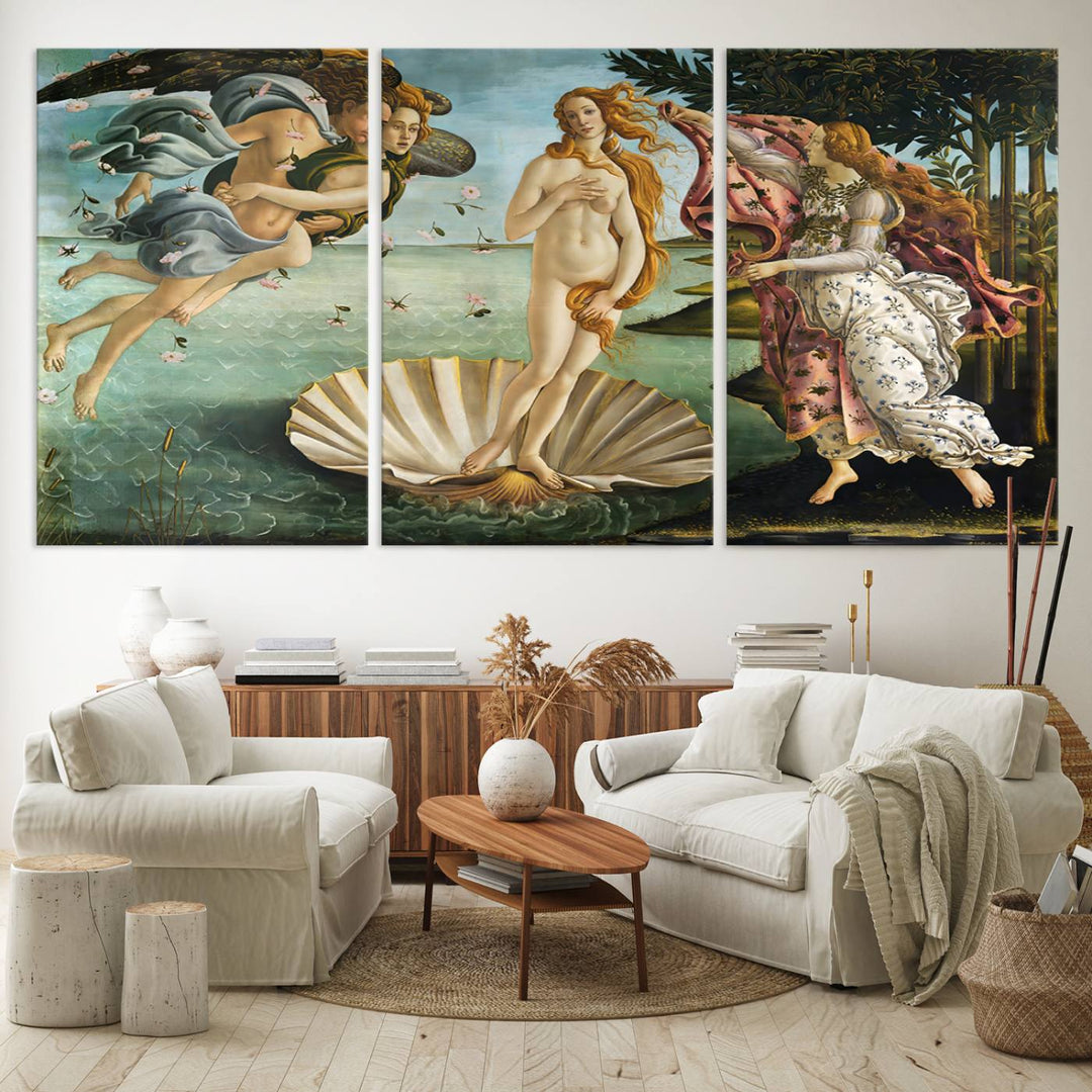 A canvas print of Botticellis The Birth of Venus is displayed on the wall.