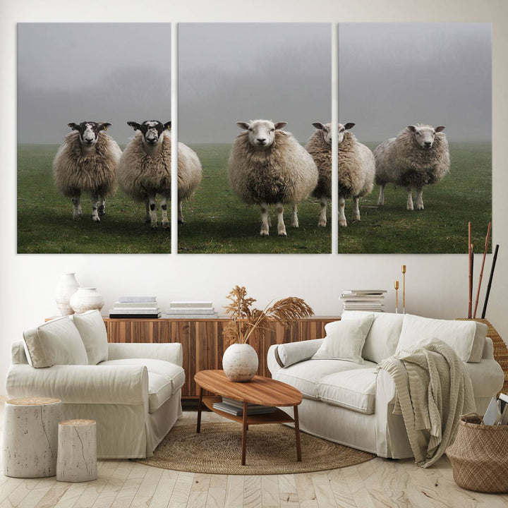 The Flock of Sheep in a Mystical Fog canvas print is framed and ready to hang.