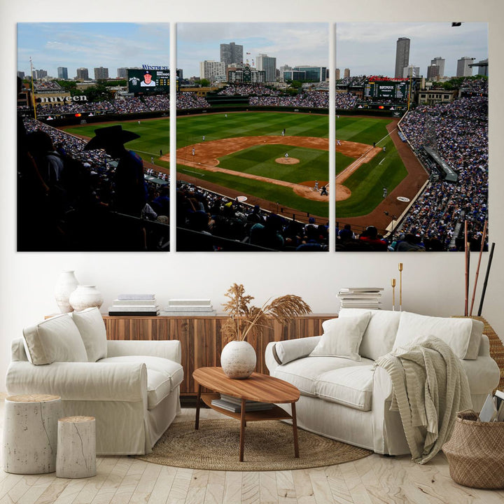 Admire this museum-quality canvas print of a Chicago Cubs game with a cityscape view from the stands at Wrigley Field.