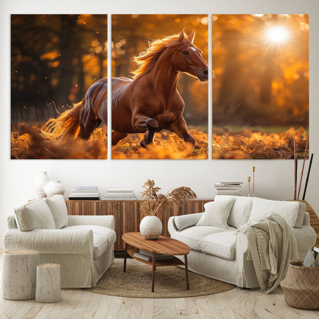 The Running Horse Sunset Forest Wall Art Canvas Print showcases a gallop in an autumn forest with sunlight streaming through the trees.