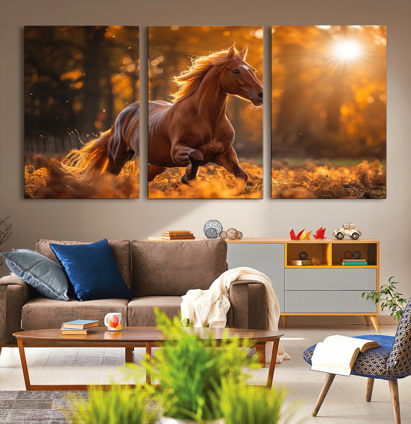 -Running Horse Sunset Forest Wall Art Canvas Print