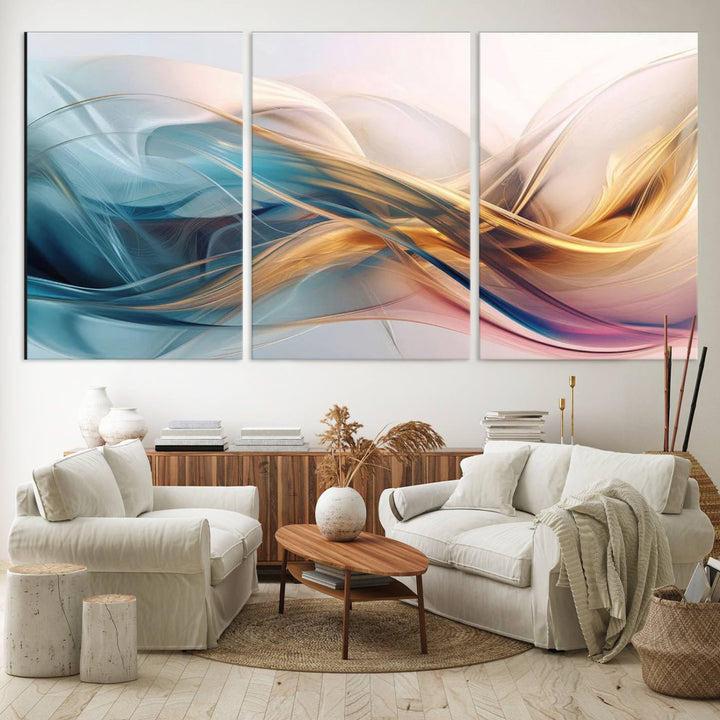 Abstract Flowing Colors Wall Art featuring blue, gold, and pink adds modern elegance to the space.