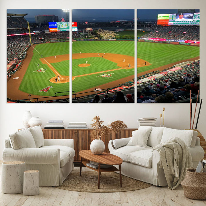 The Angel Stadium Aerial View canvas print of an Angels baseball game is showcased.