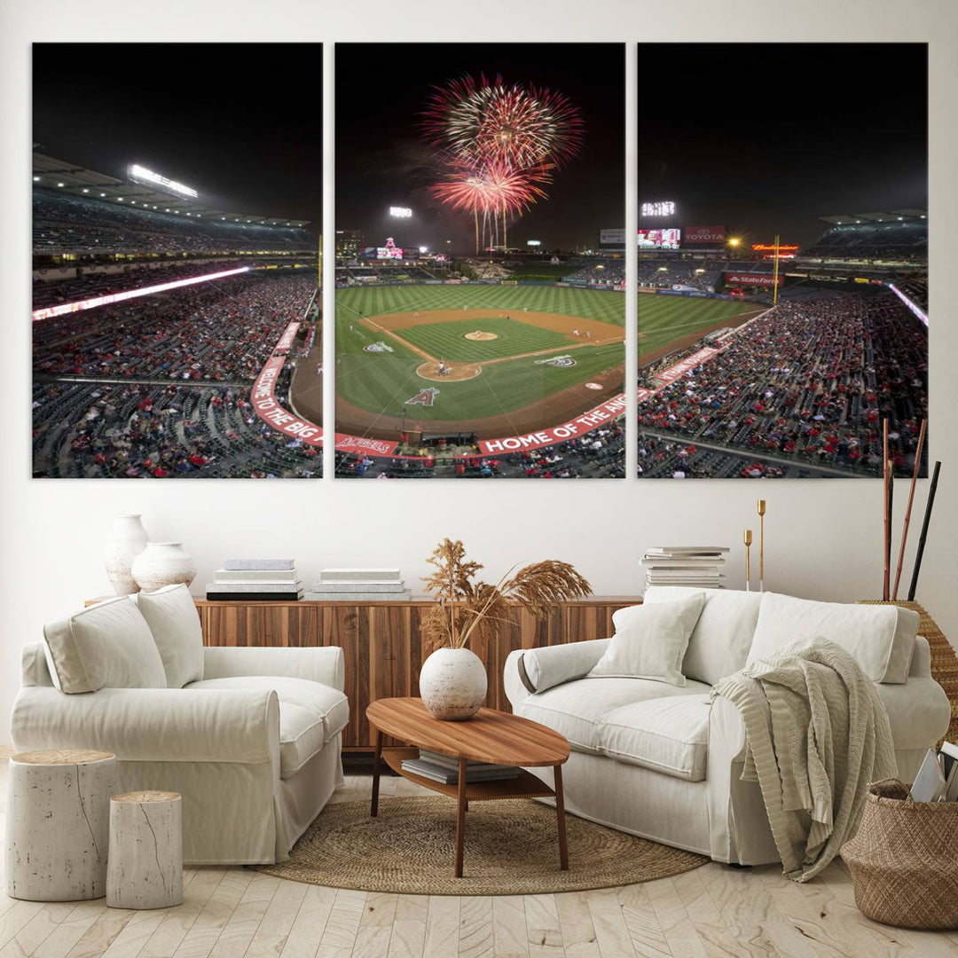 Fireworks at Angel Stadium – LA Angels Night Game Canvas Print, framed and ready to hang.