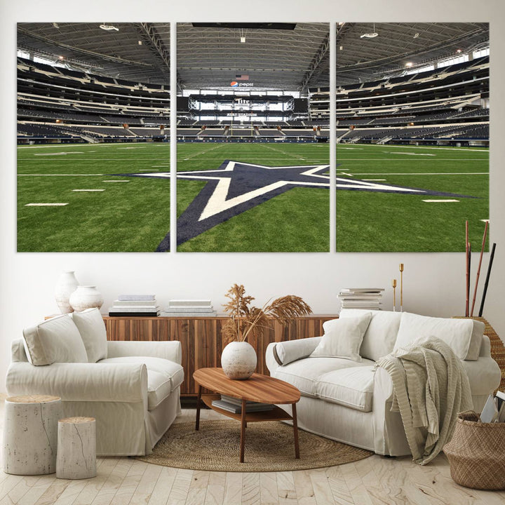 AT&T Stadium Dallas Cowboys Canvas Print displayed above a dining table.