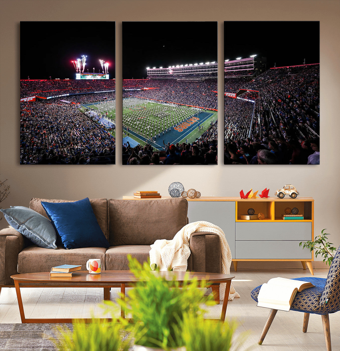 MGV-CV-60X30-3P - Ben Hill Griffin Stadium Night Game Triple Canvas Wall Art - Florida Gators Football Match