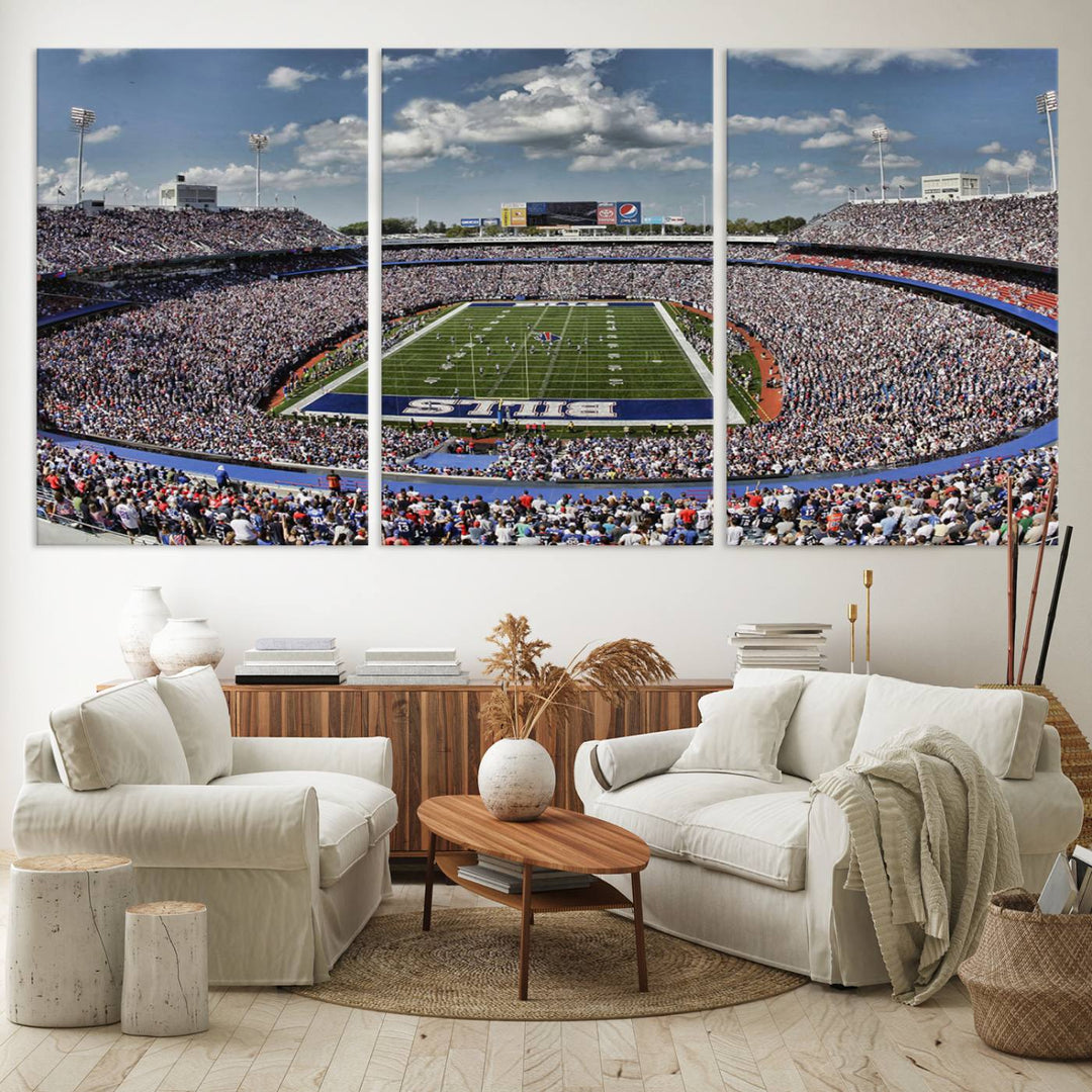 Our Buffalo Bills Game Day Canvas captures a vibrant scene at Highmark Stadium, with a lively crowd under a partly cloudy sky.