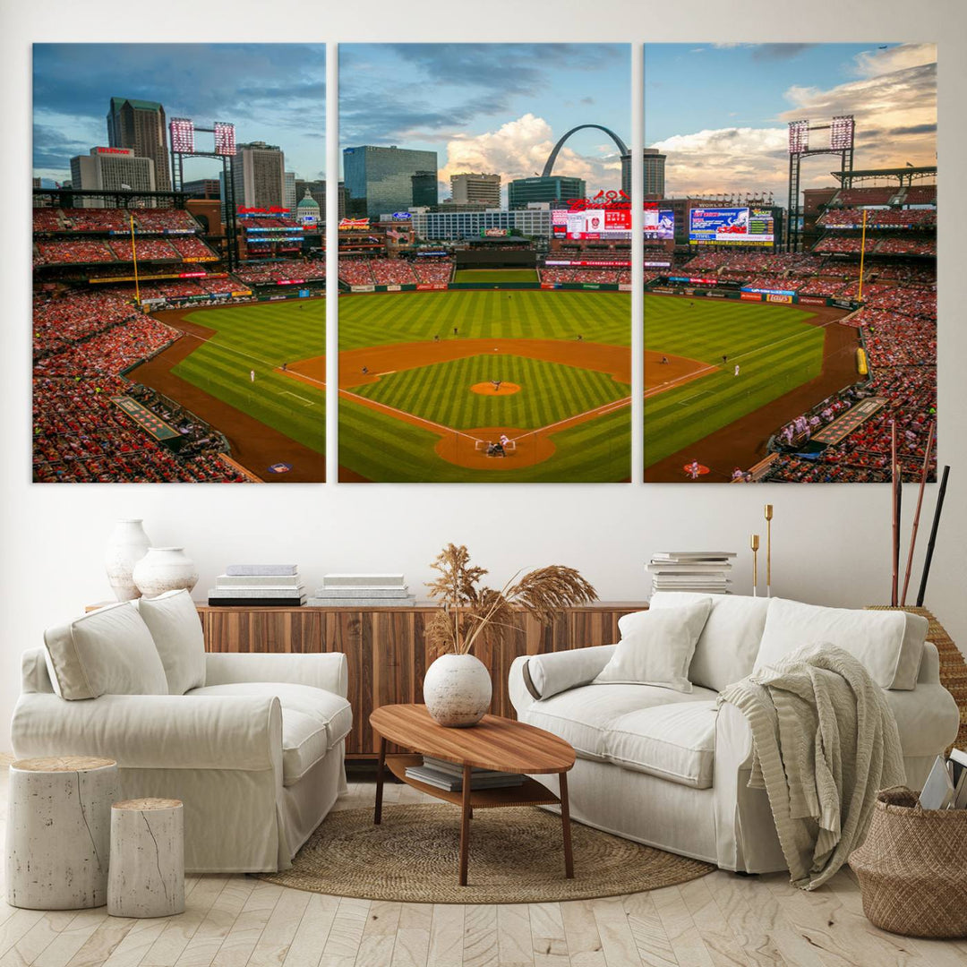 A Busch Stadium canvas print featuring a cityscape, ideal for enhancing living room or man cave sports decor.