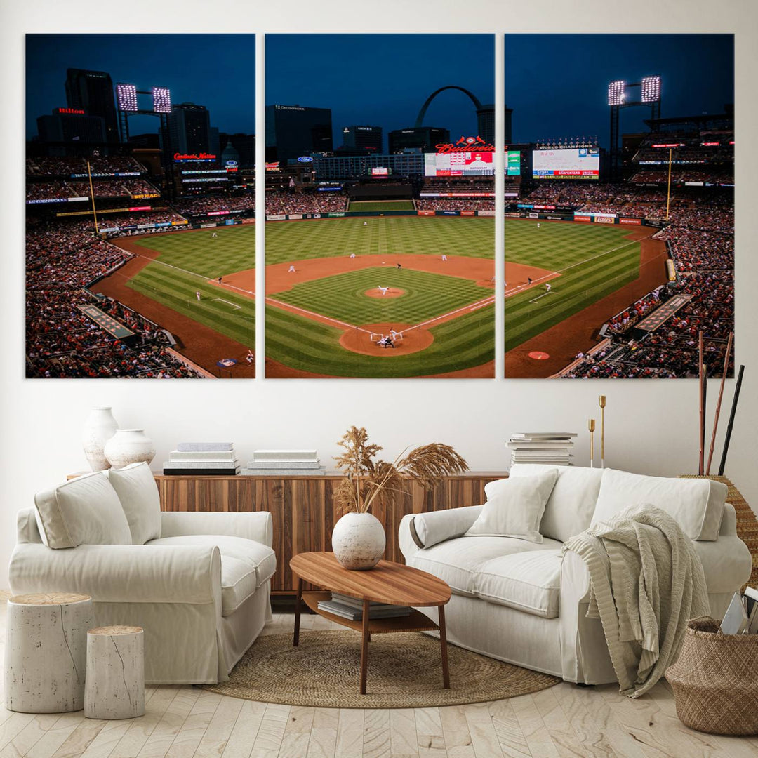 A St. Louis Cardinals Baseball Team print of Busch Stadium at night adorns the wall.