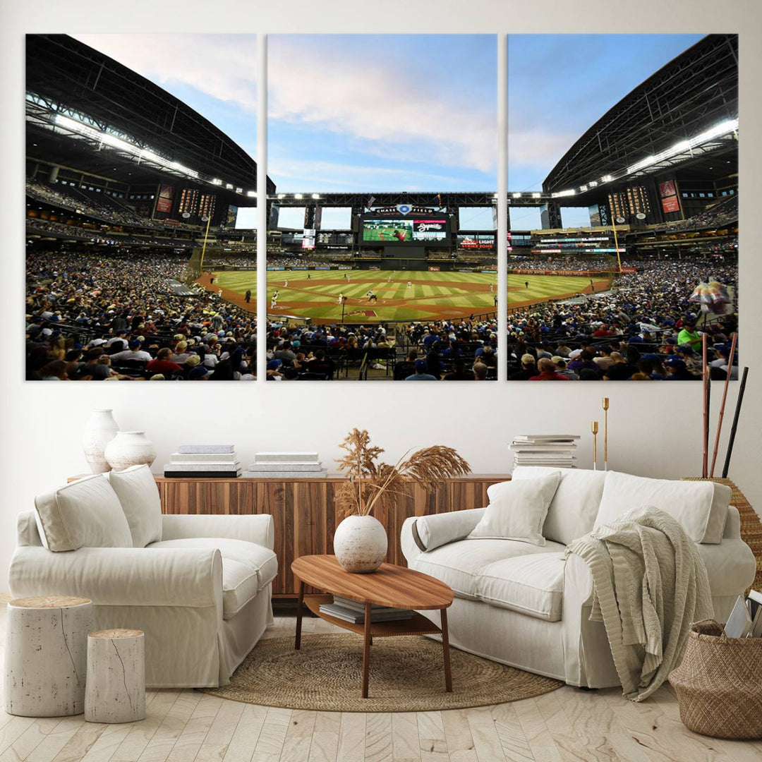 The wall art is an Arizona Diamondbacks Baseball Print depicting a packed Chase Field Stadium under a clear blue sky.