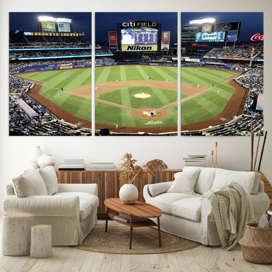 The wall is adorned with a 3-panel Citi Field Wall Art Print, framed for sports-themed decor.