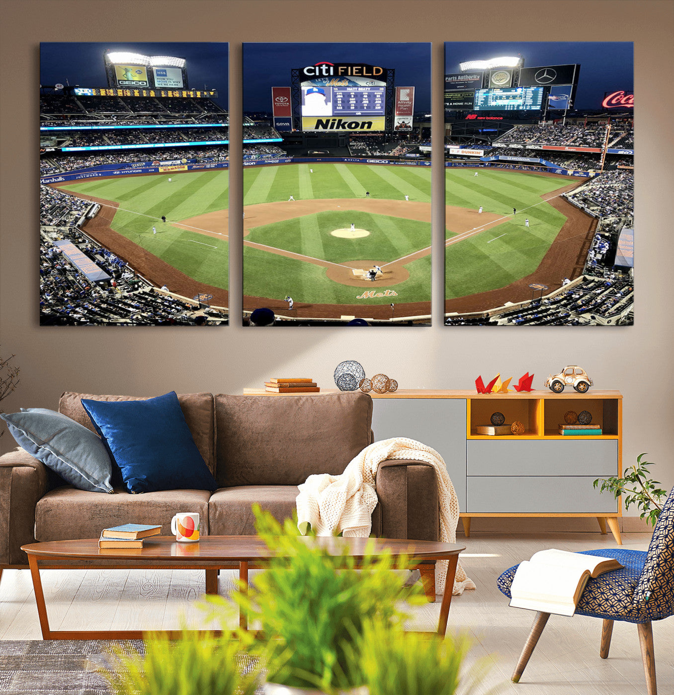 MGV-CV-60X30-3P - Citi Field Wall Art Print | 3-Panel New York Mets Baseball Stadium Canvas Print | Framed Sports Decor for Living Room, Man Cave, or Office Decor