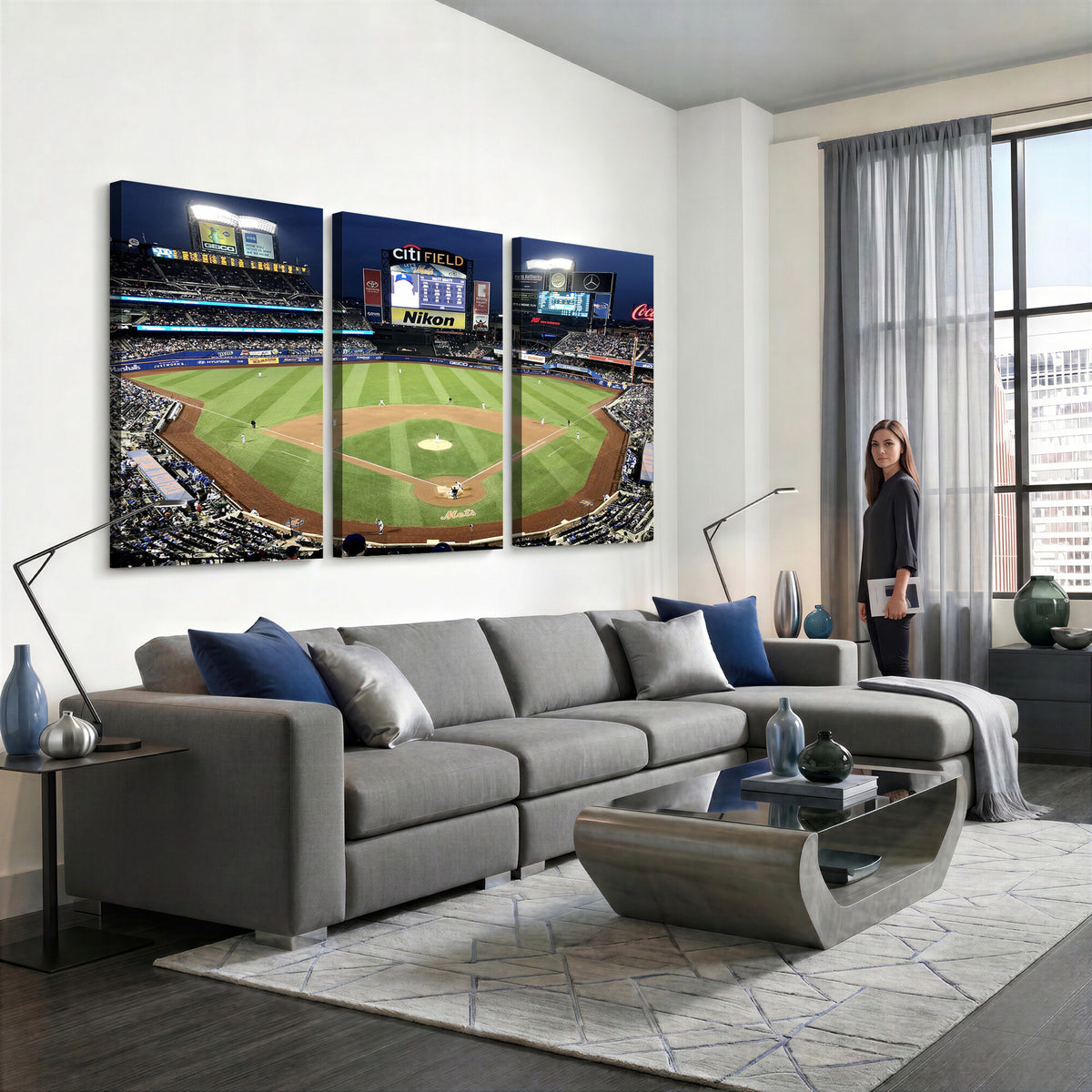 87666-MGV-CV-36X24 - Citi Field Wall Art Print | 3-Panel New York Mets Baseball Stadium Canvas Print | Framed Sports