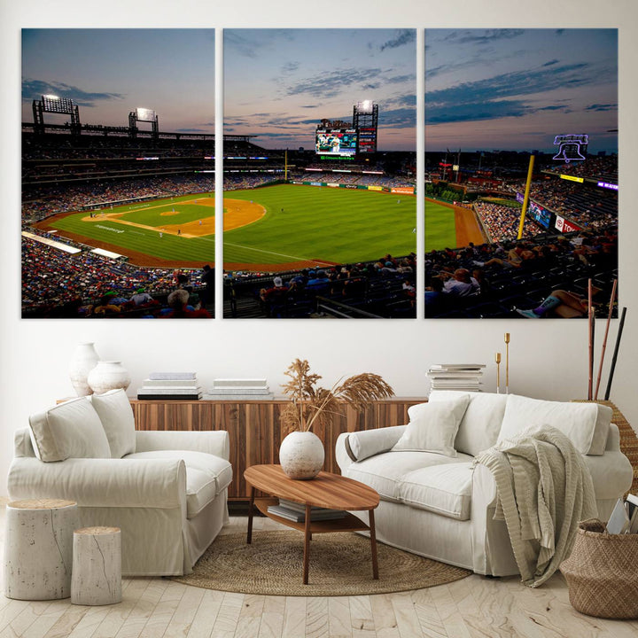 A wall art piece depicting the Philadelphia Phillies Citizens Bank Park Stadium at dusk.