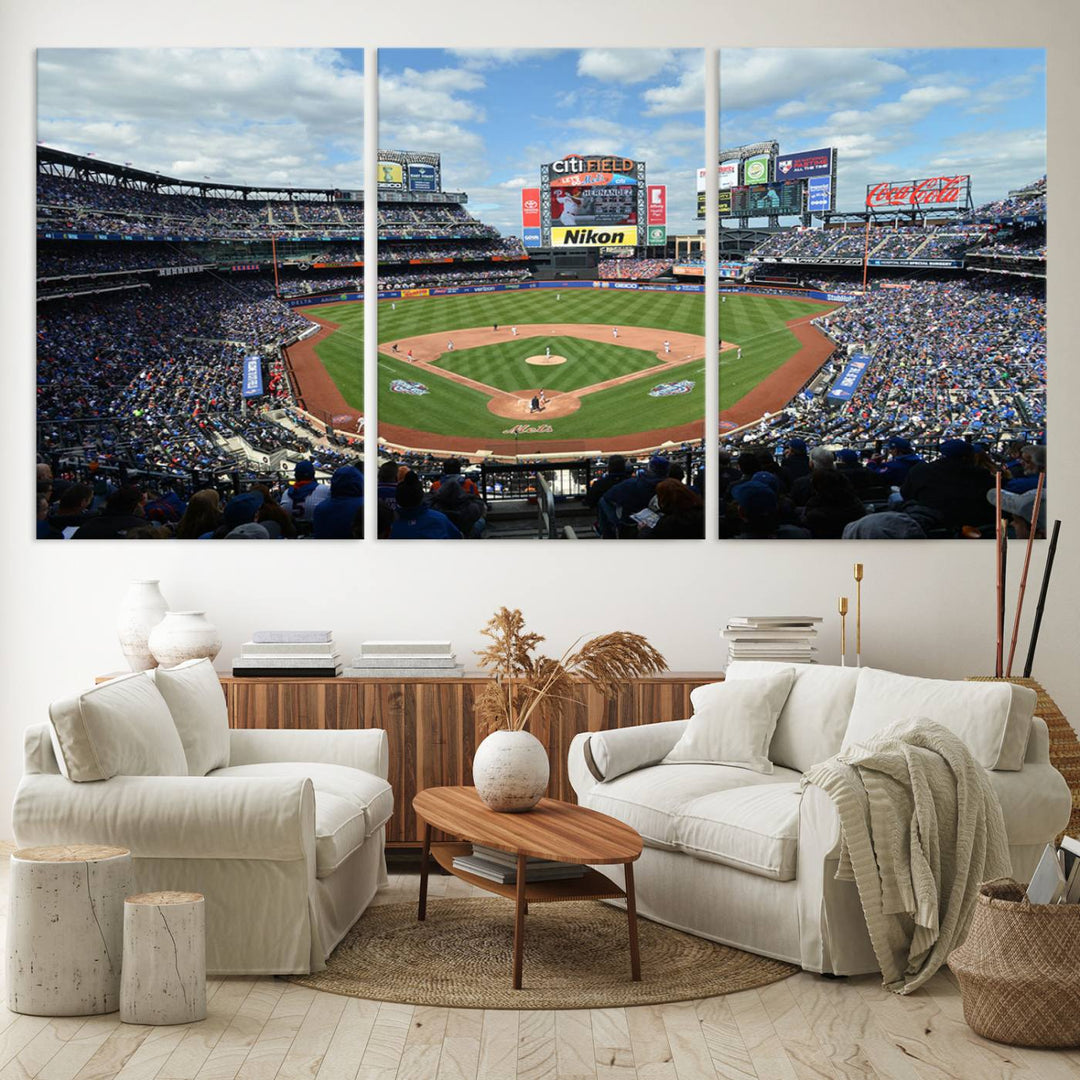 A wall art piece featuring a New York Mets Baseball Team print of Citi Field during a thrilling game under a blue sky.