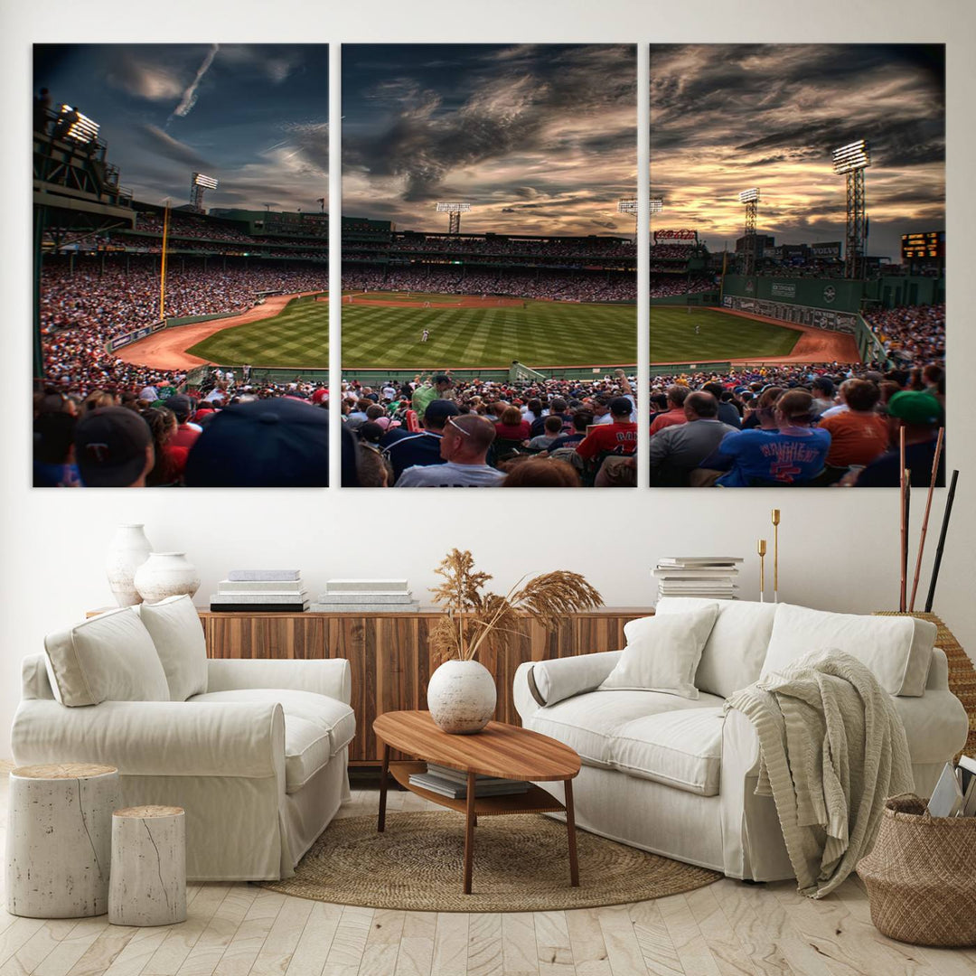 Boston Red Sox canvas print of Fenway Park at sunset, ideal for sports fans.