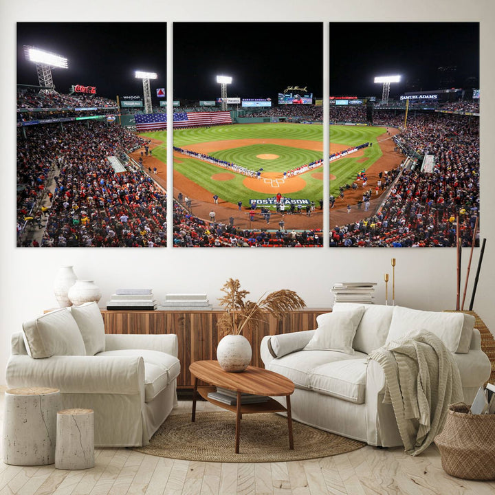 The Fenway Park Wall Art Canvas Print showcases a stunning aerial view of Bostons iconic ballpark at night, making it an ideal piece for any Red Sox enthusiast.