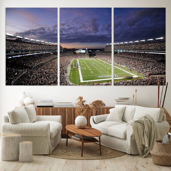 A large New England Patriots Foxborough Gillette Stadium wall art canvas print at sunset.