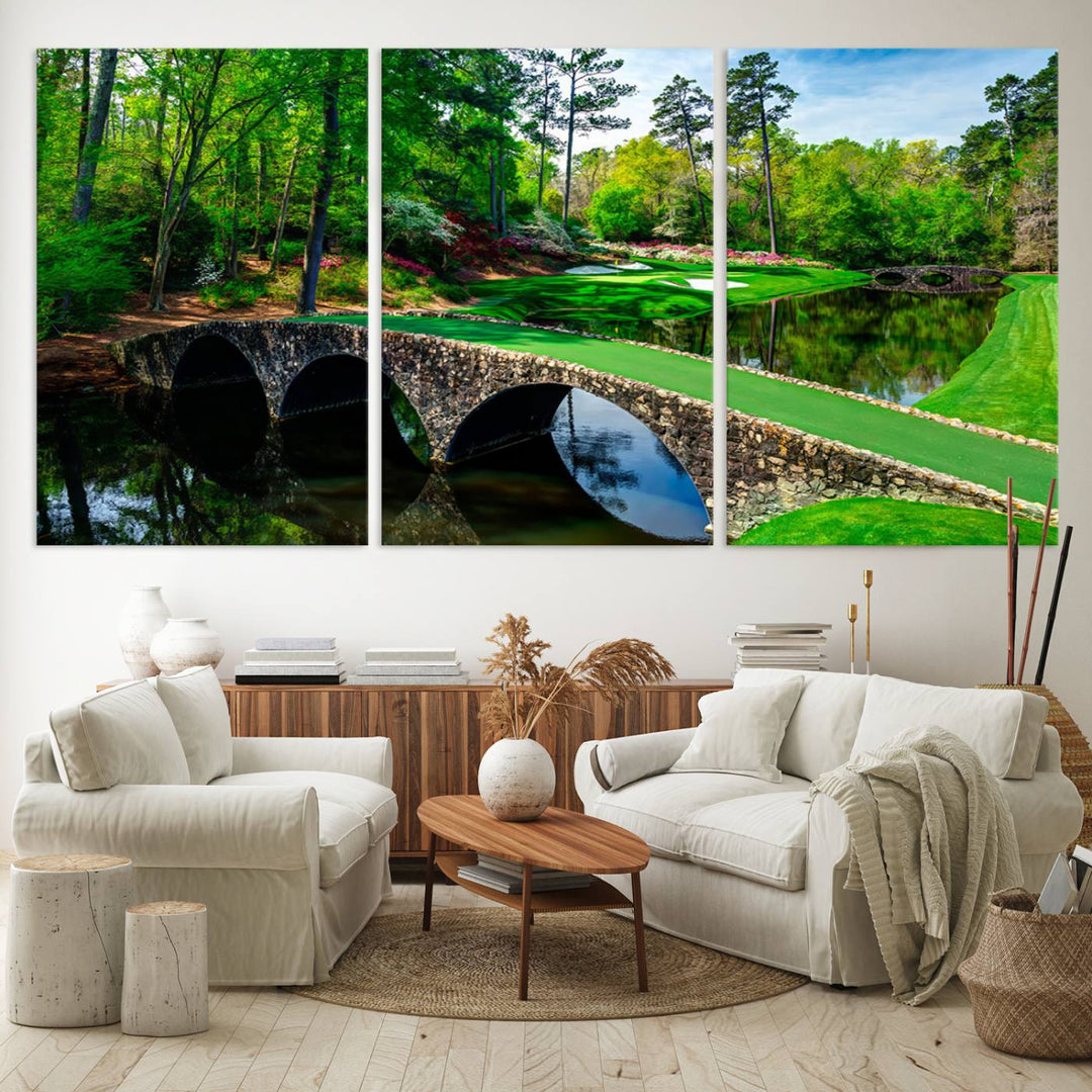 The wall art from Augusta National Golf Club showcases a panoramic bridge set against rich, lush greenery on a framed triptych canvas.