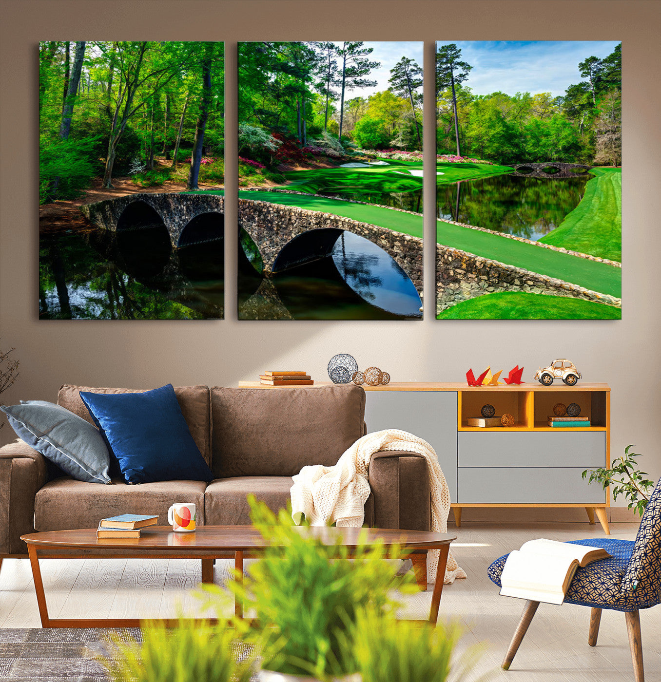 MGV-CV-60X30-3P - Augusta National Golf Club Wall Art - Panoramic Bridge & Lush Greenery – Premium Framed,
