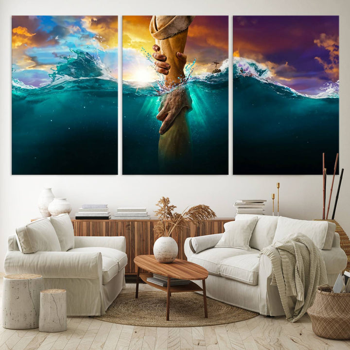 The God Hand Wall Art Canvas Print depicts hands reaching through water against a vibrant sky.