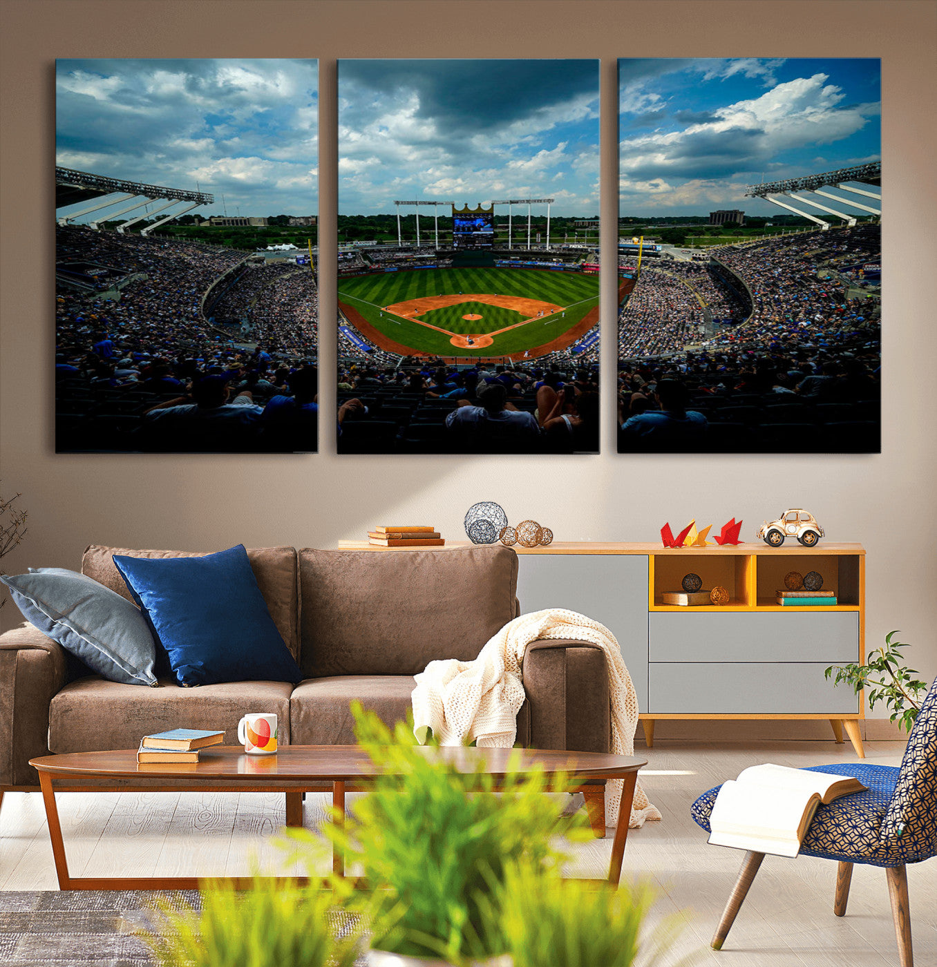 -3-Panel Kauffman Stadium Wall Art Print | Large Kansas City Royals Baseball Canvas Print for Sports