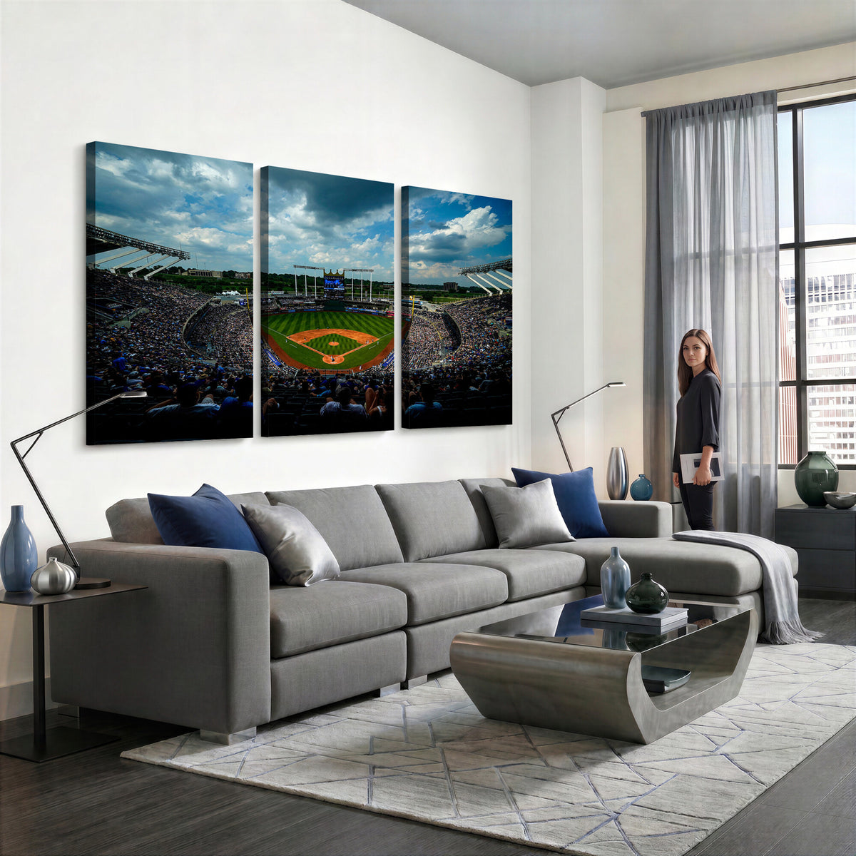 37127-MGV-CV-36X24 - 3-Panel Kauffman Stadium Wall Art Print | Large Kansas City Royals Baseball Canvas