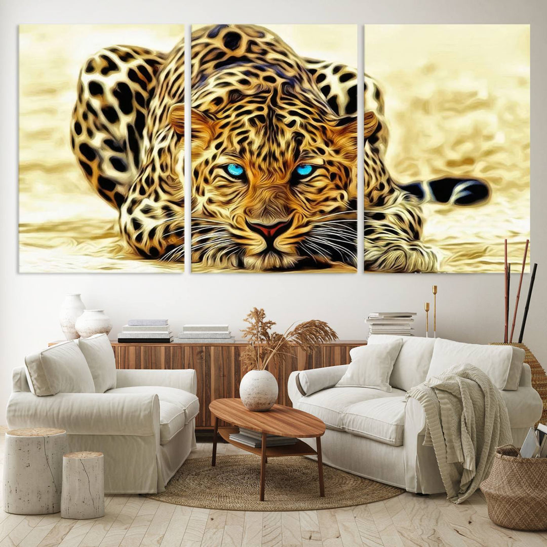 The Blue-Eyed Leopard Canvas Wall Art features a fierce and captivating design, perfect for wildlife enthusiasts. Its bold imagery makes it a striking decor piece, ready to hang.