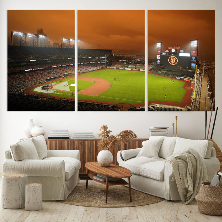 A canvas depicting an Oracle Park game with an orange sky, from SF Giants Stadium Wall Art.