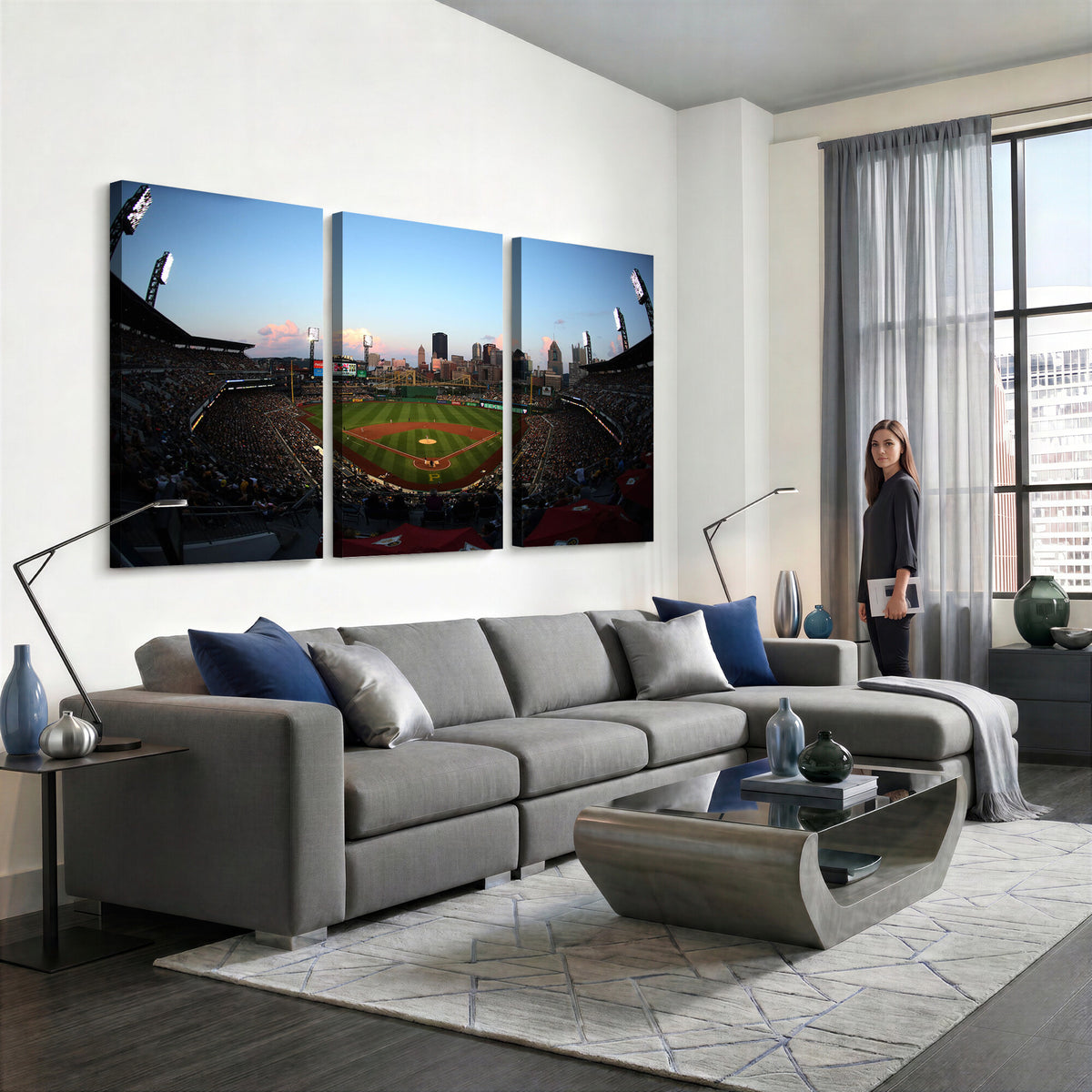 67670-MGV-CV-36X24 - PNC Park Evening Game Triple Canvas Wall Art | Pittsburgh Pirates MLB Stadium